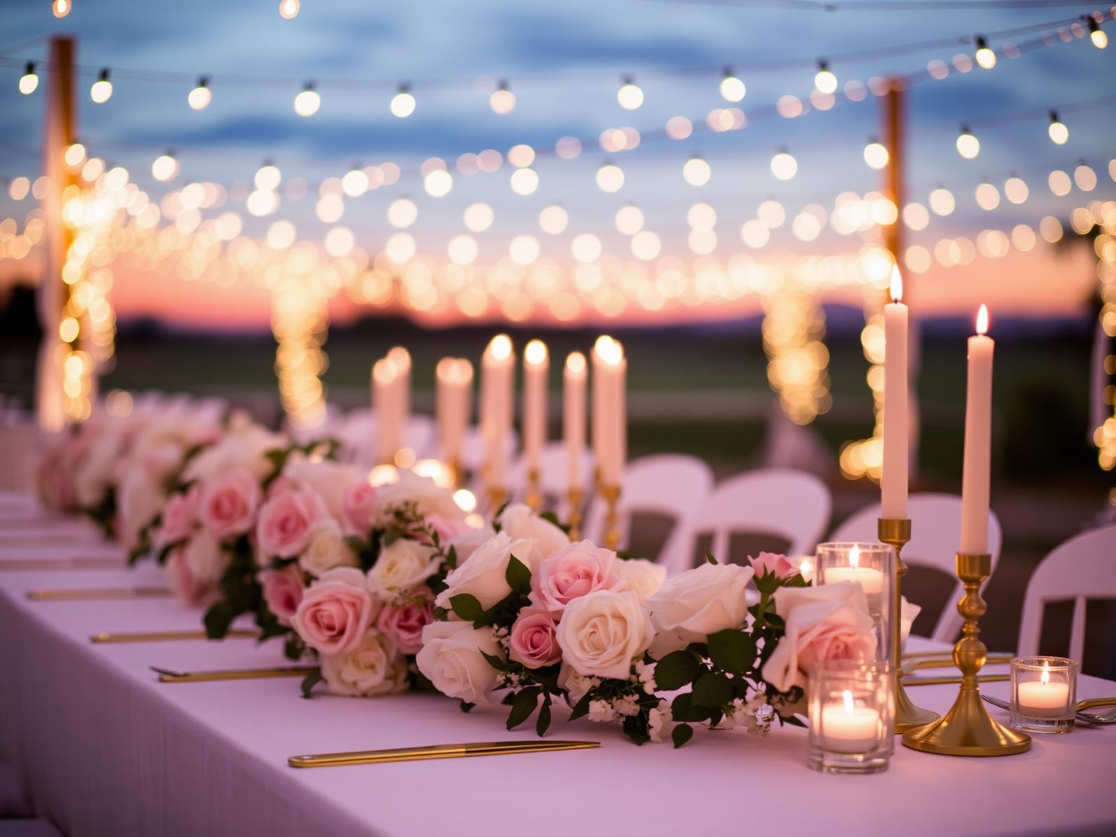 Wedding reception table at sunset with candles and string lights
